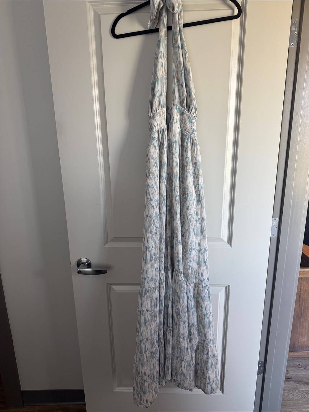 Light Blue & White Printed Maxi Halter Dress